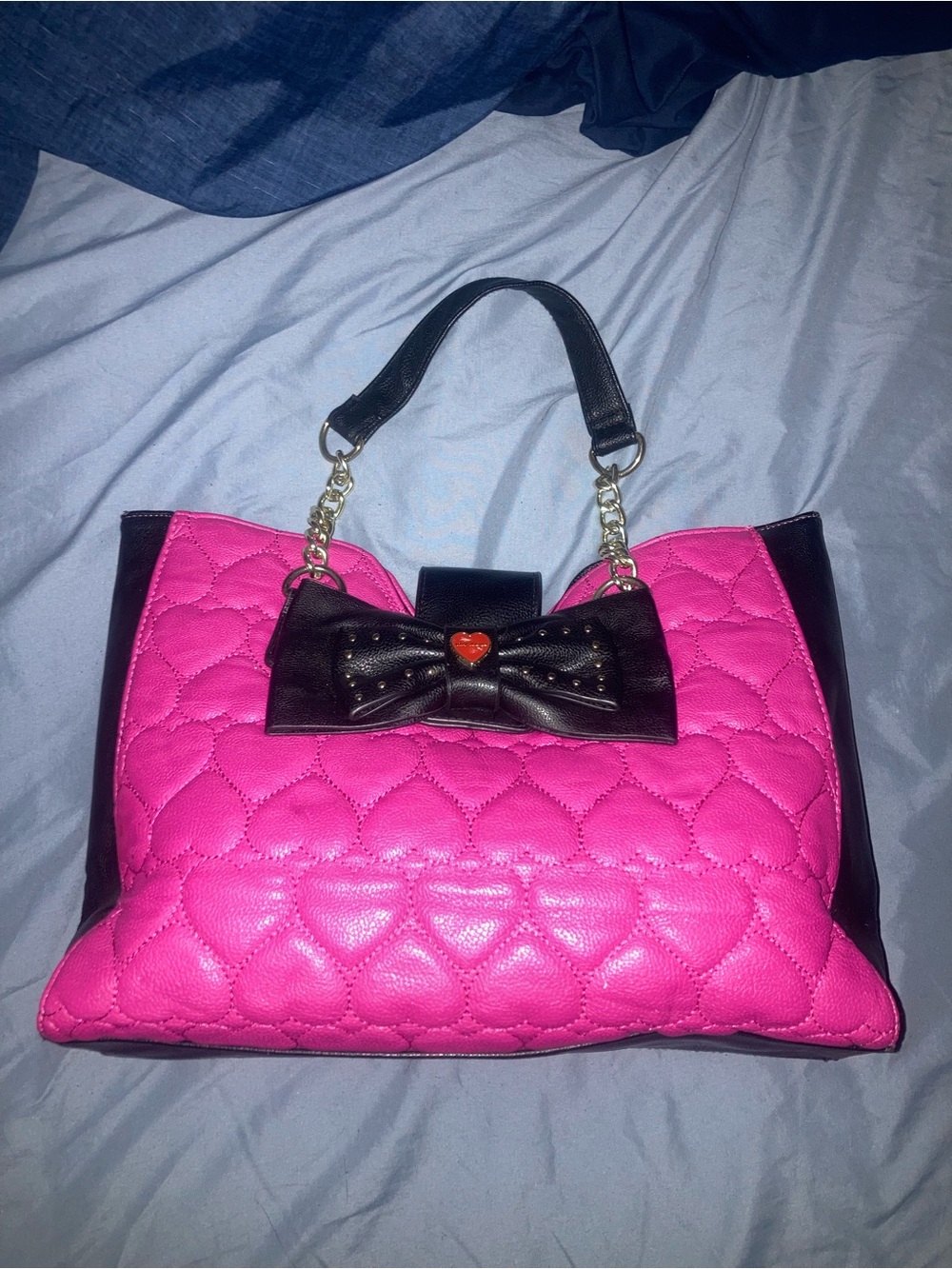 Pink Quilted Tote with Black Bow Accent